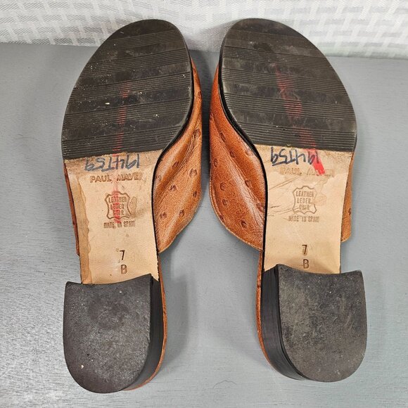 Vintage Paul Mayer Tan Ostrich Leather Low Heel Tassel Mules Size 7 - Picture 9 of 12